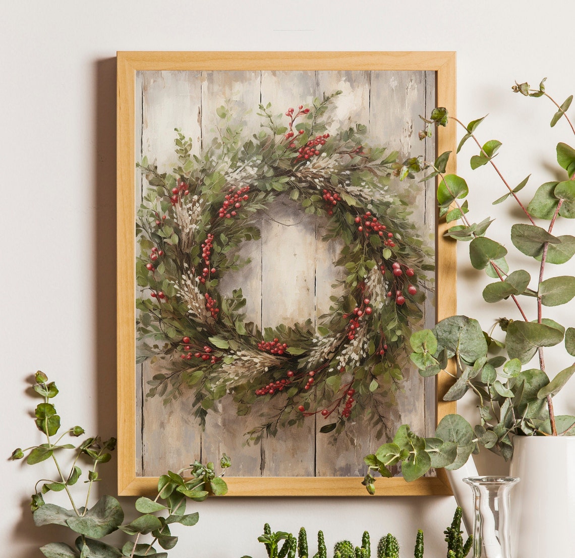 Evergreen Wreath with Red Berries on Whitewashed Wood Poster