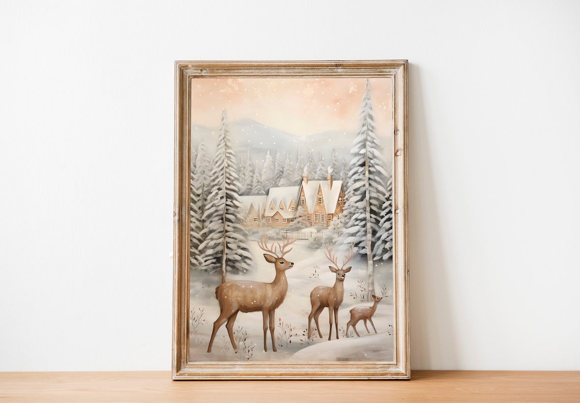 Three Deer in Snowy Pine Forest with Chalet at Pink Sunrise Poster - Image 2