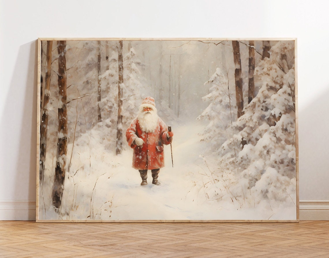 Traditional Santa Claus Walking Through Snowy Pine Forest Poster
