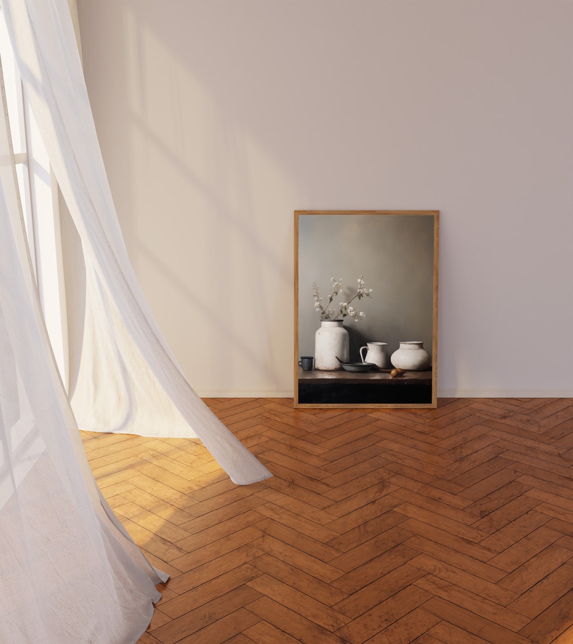 White Ceramic Vessels Still Life with Blossom Branches Moody Poster - Image 3