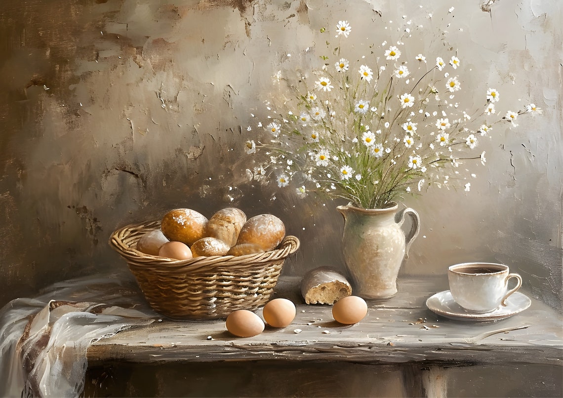 Farmhouse Breakfast Still Life Painting Eggs Daisies Rustic Art Poster - Image 3