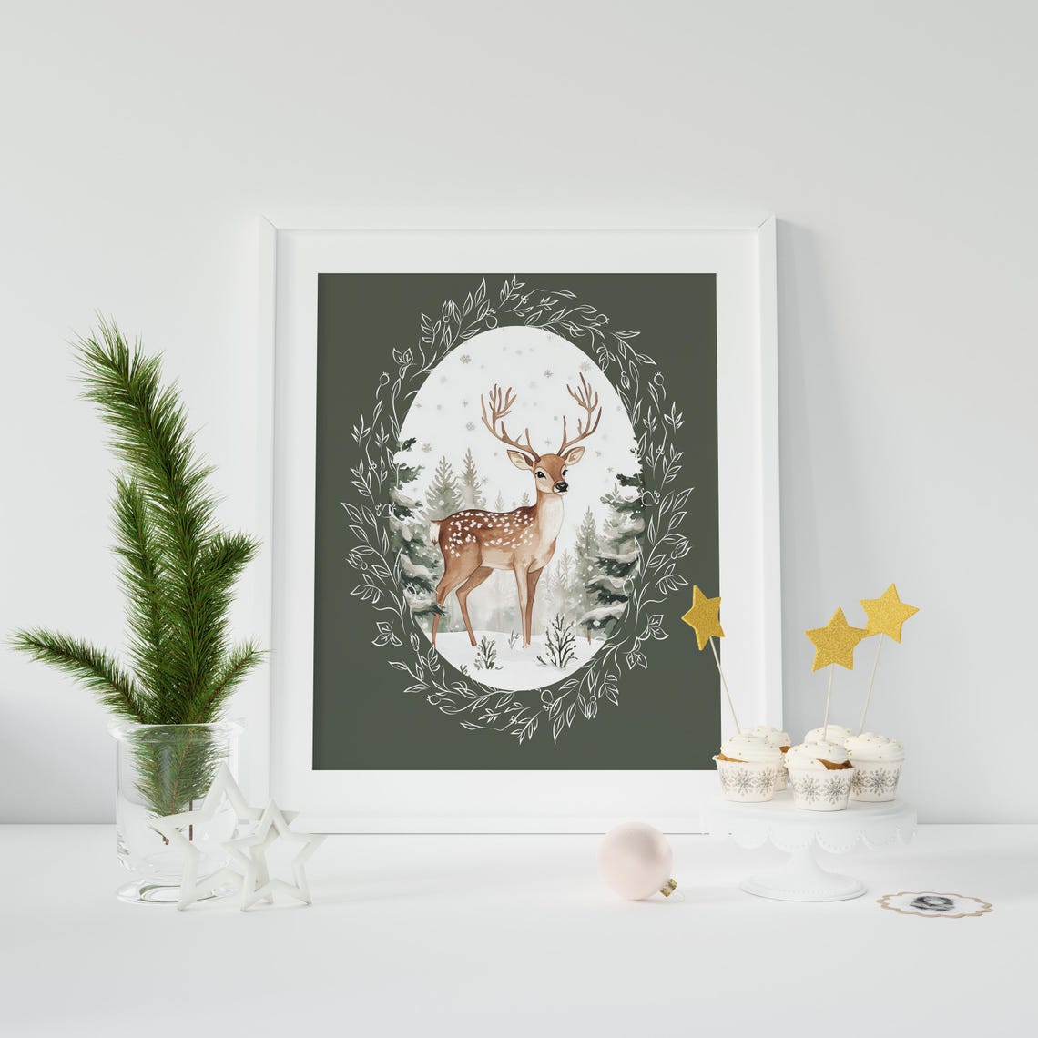 Cute Winter Deer Snowy Forest Oval Christmas Home Decor Poster - Image 4
