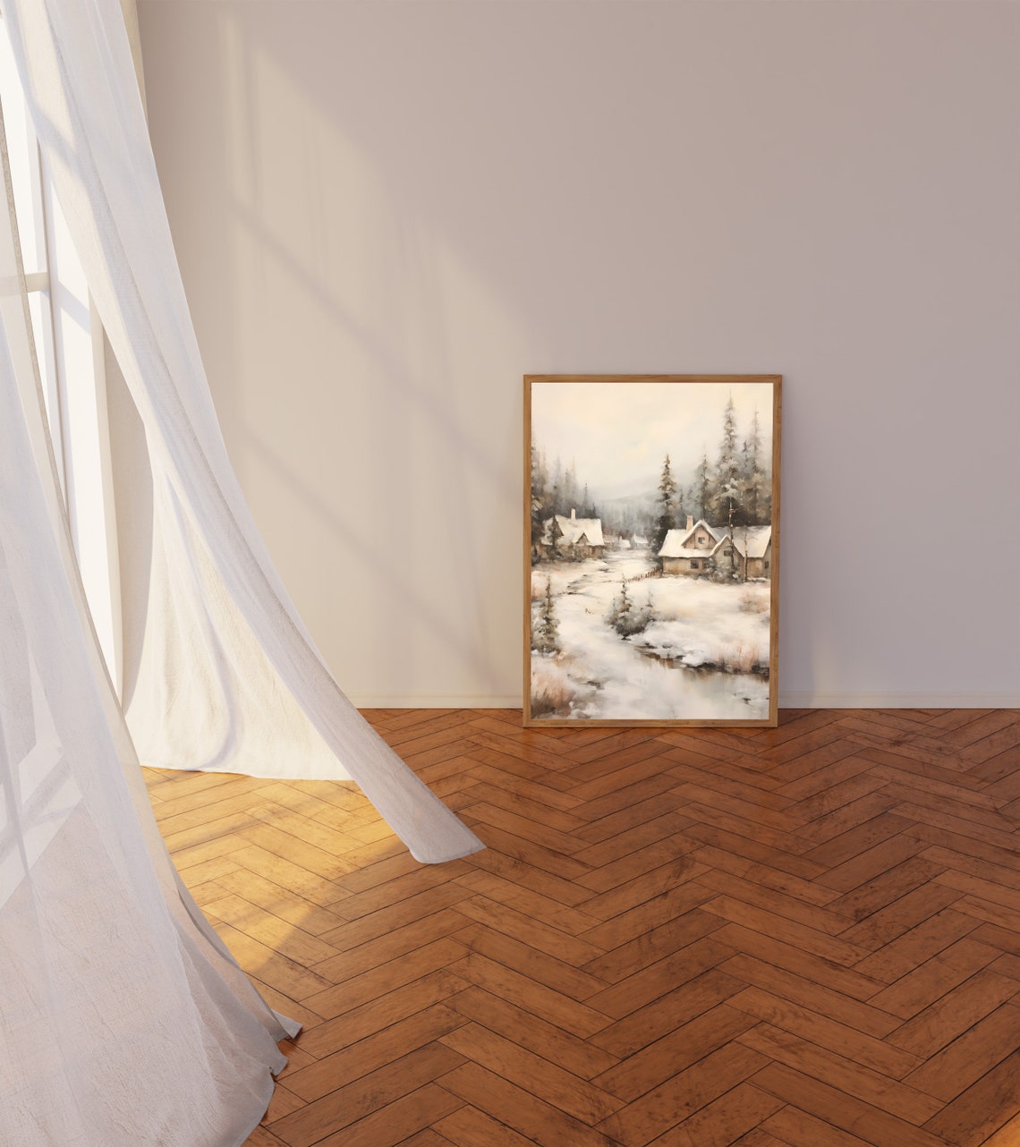 Snowy Forest Cabins with Winding Stream in Misty Winter Poster - Image 5