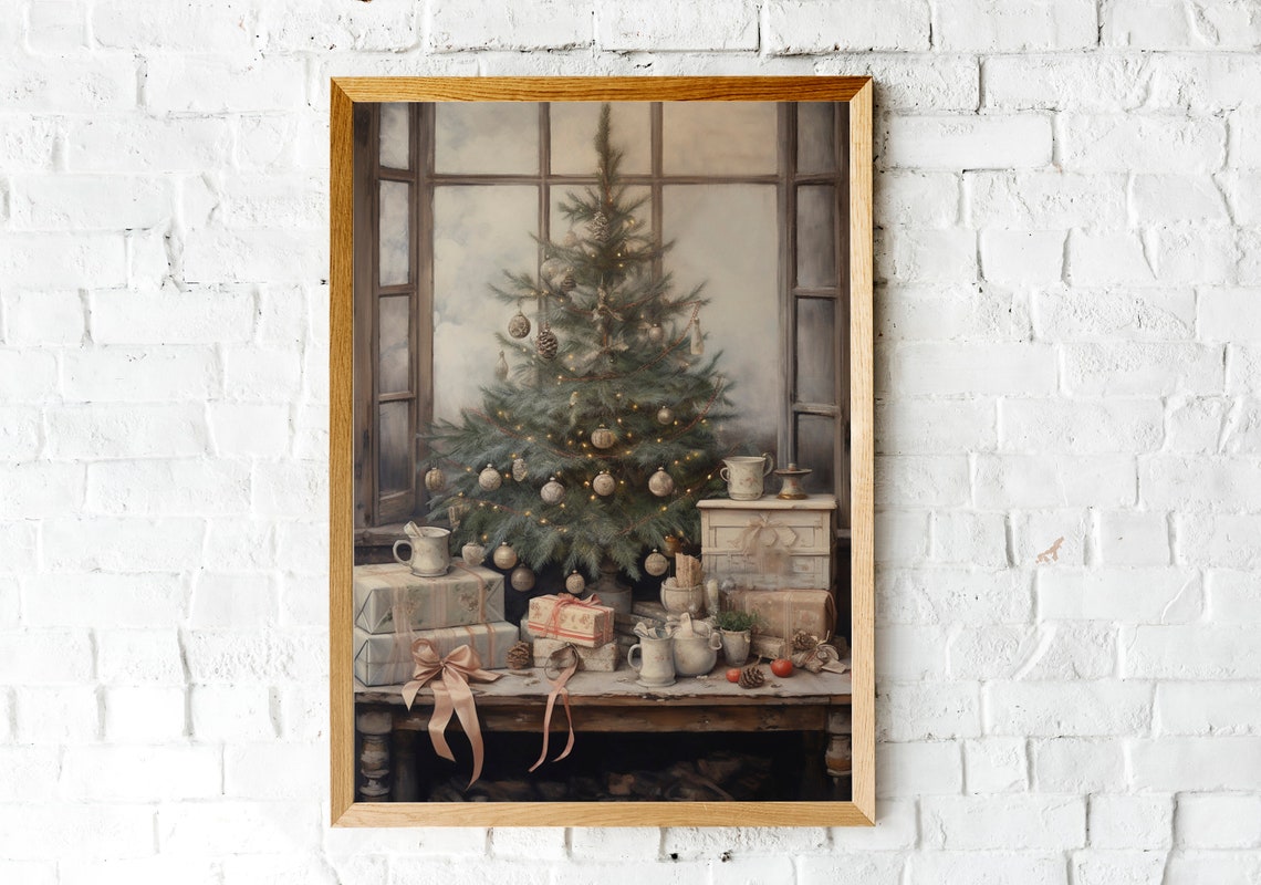 Christmas Tree by Tall Windows Neutral Holiday Still Life Poster - Image 2
