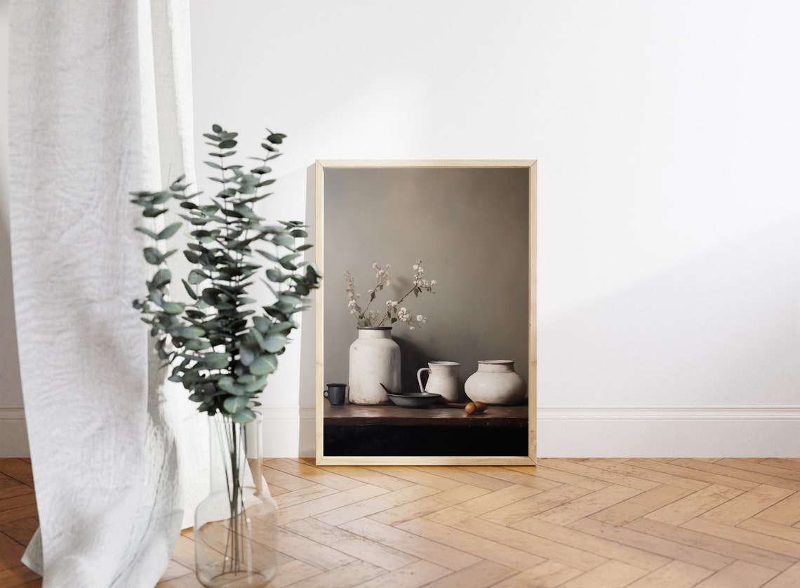 White Ceramic Vessels Still Life with Blossom Branches Moody Poster - Image 4