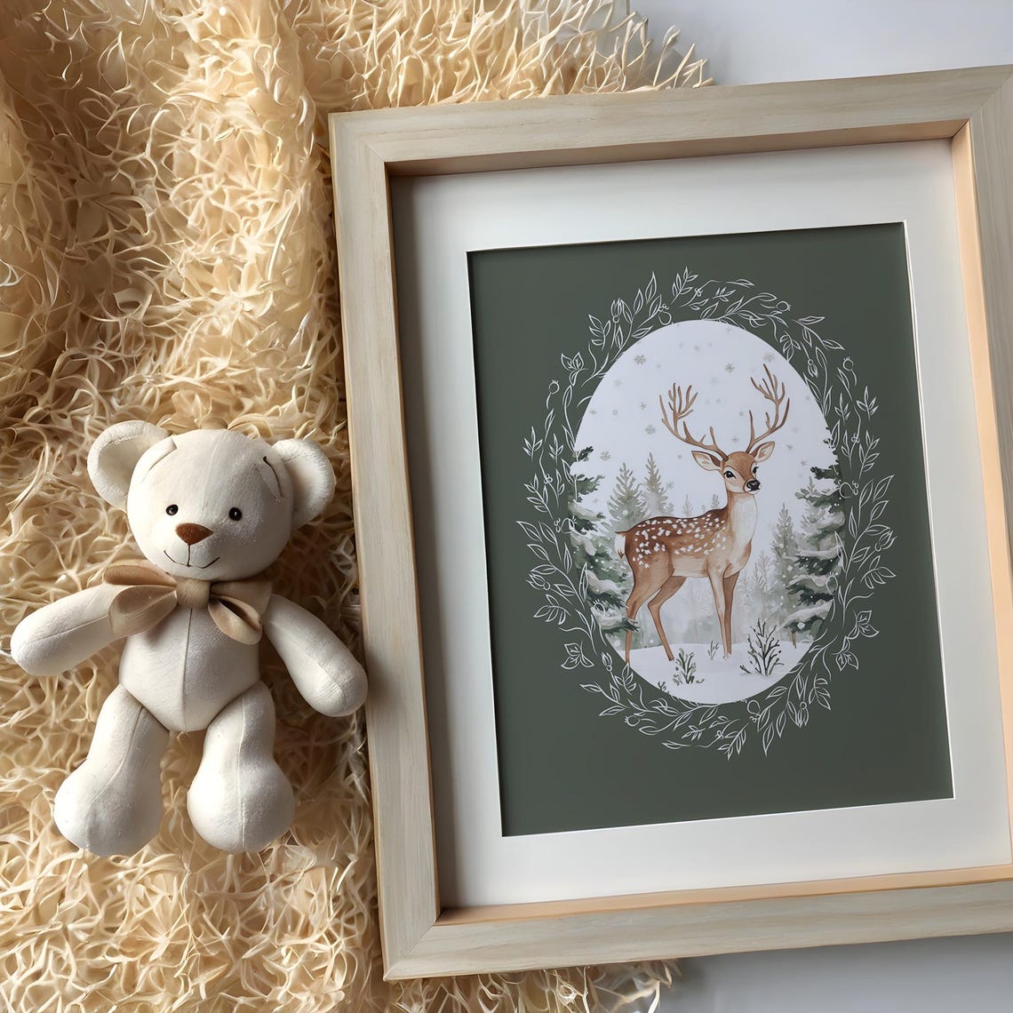 Cute Winter Deer Snowy Forest Oval Christmas Home Decor Poster - Image 2