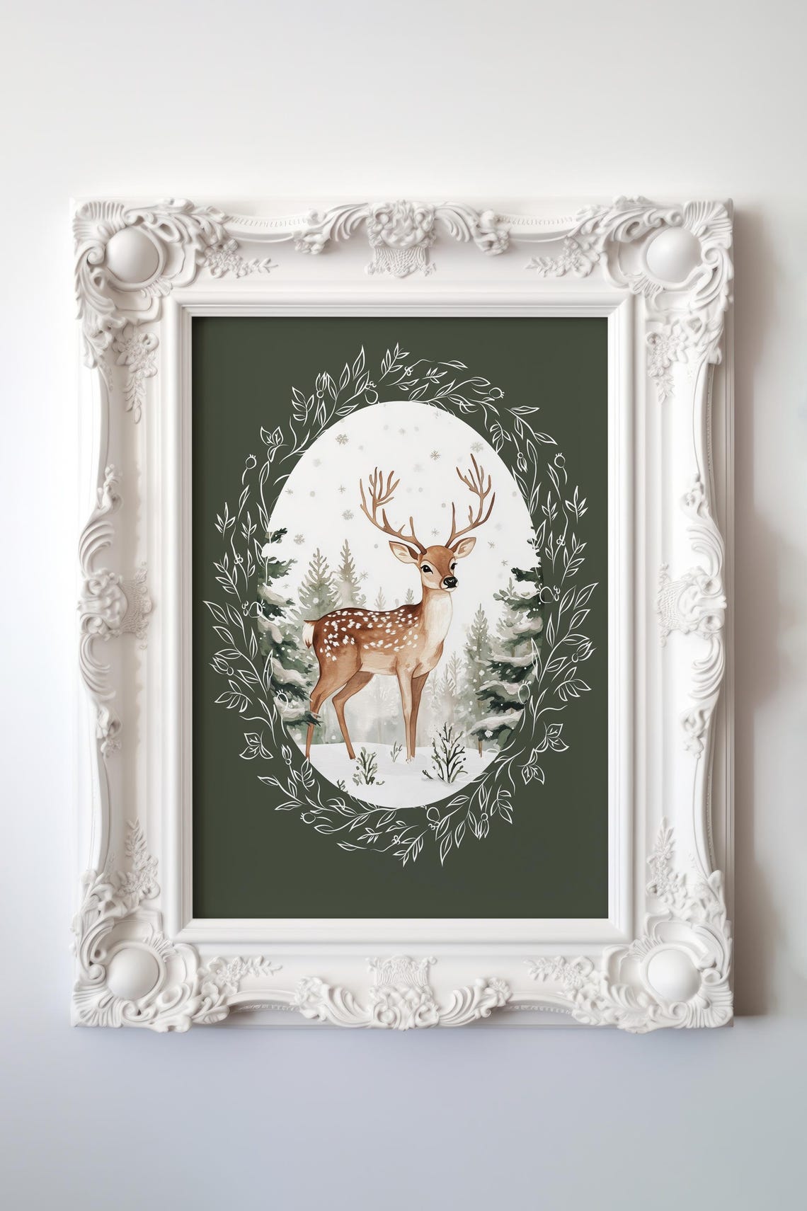 Cute Winter Deer Snowy Forest Oval Christmas Home Decor Poster