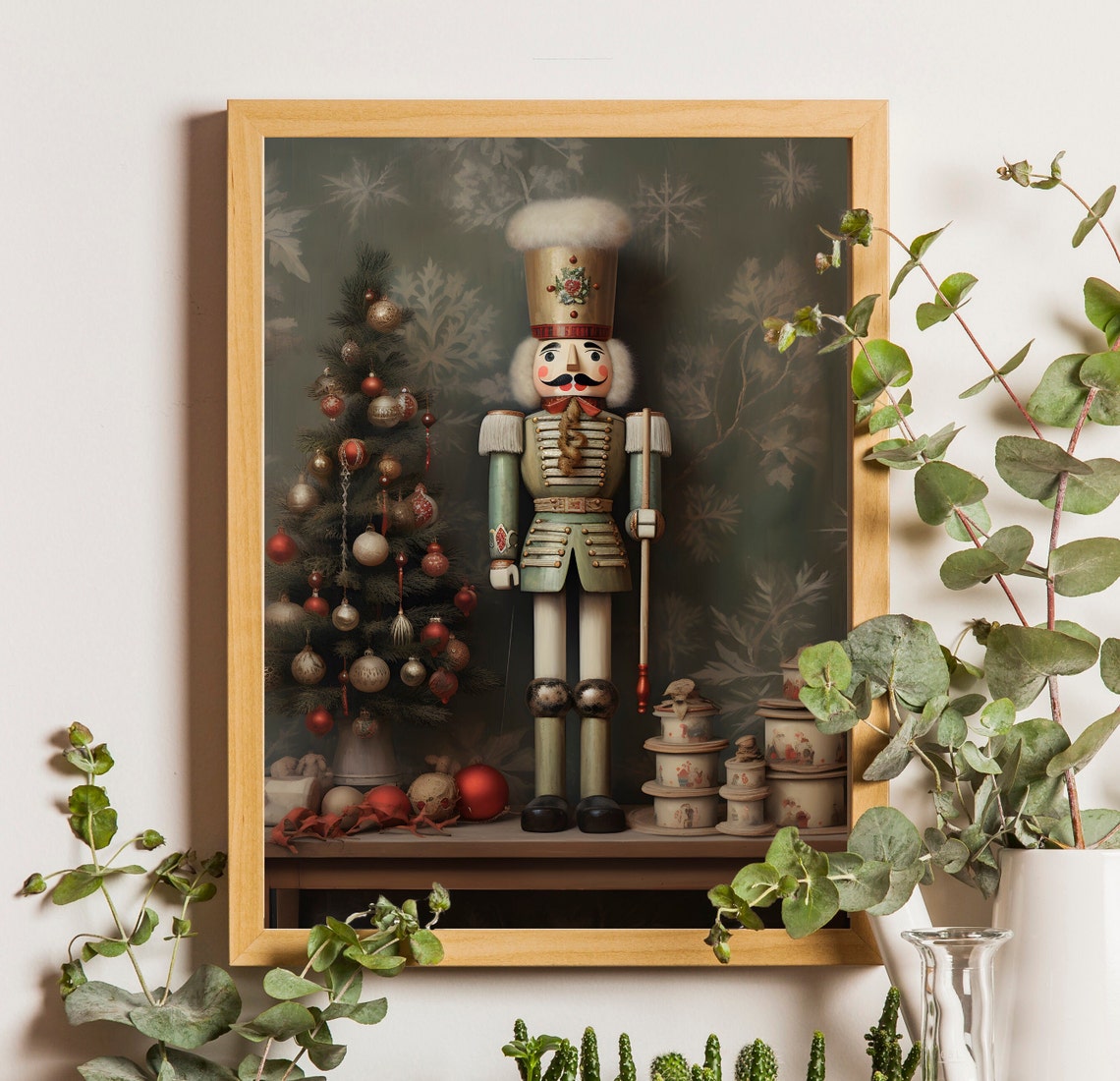 Vintage Nutcracker Soldier by Decorated Tree with Gift Boxes Poster