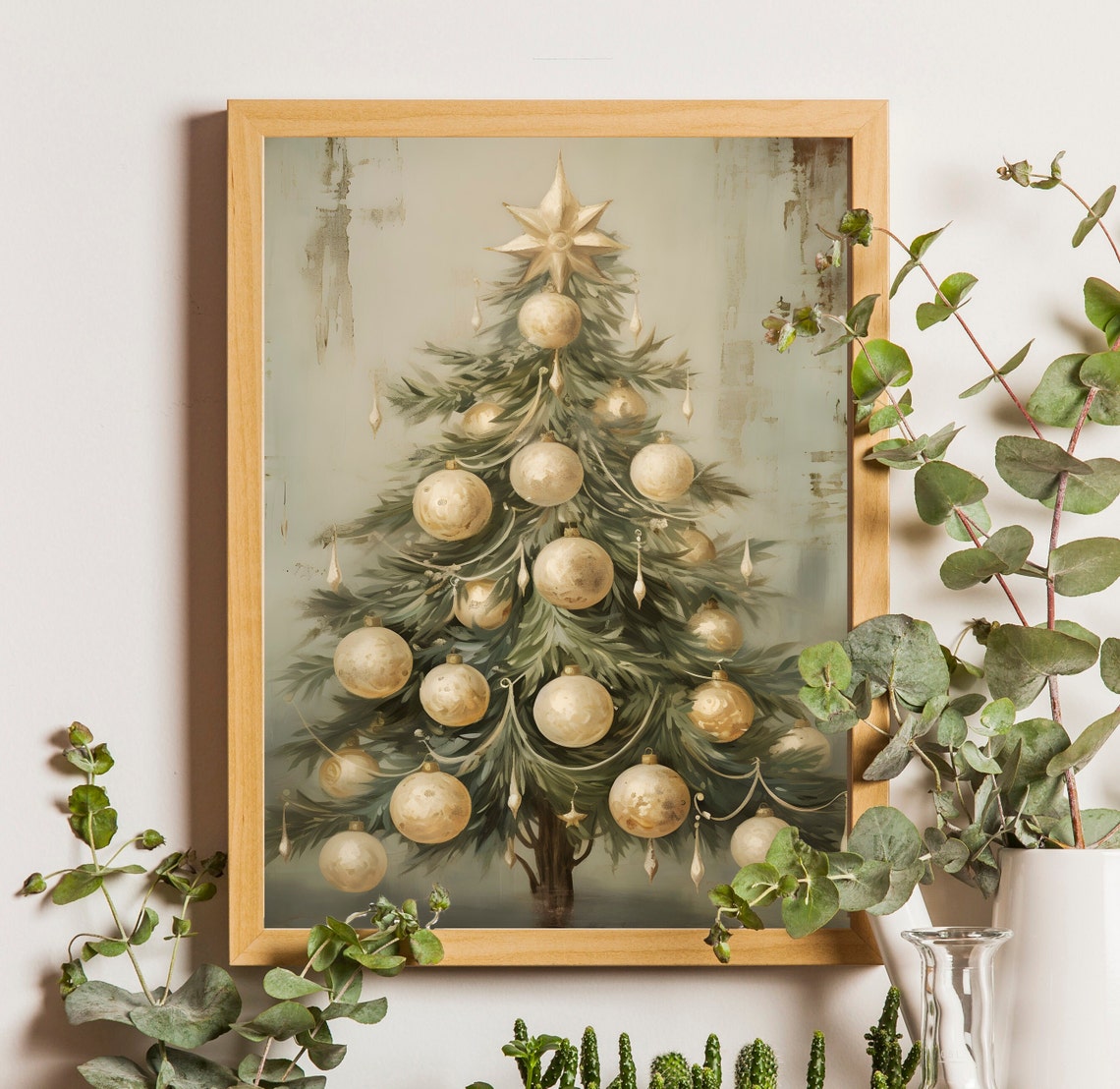 Vintage Christmas Tree with Cream Gold Ornaments Star Topper Poster