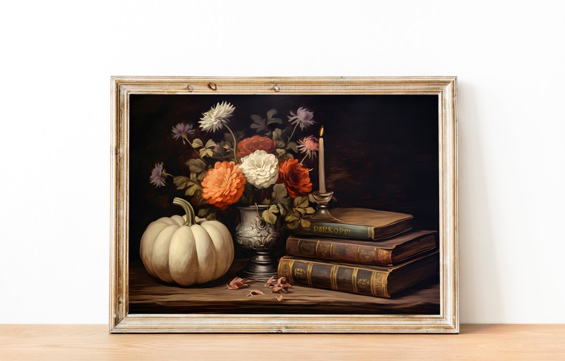 Autumn Still Life Painting Pumpkin Dahlias Candle Vintage Fall Poster - Image 3
