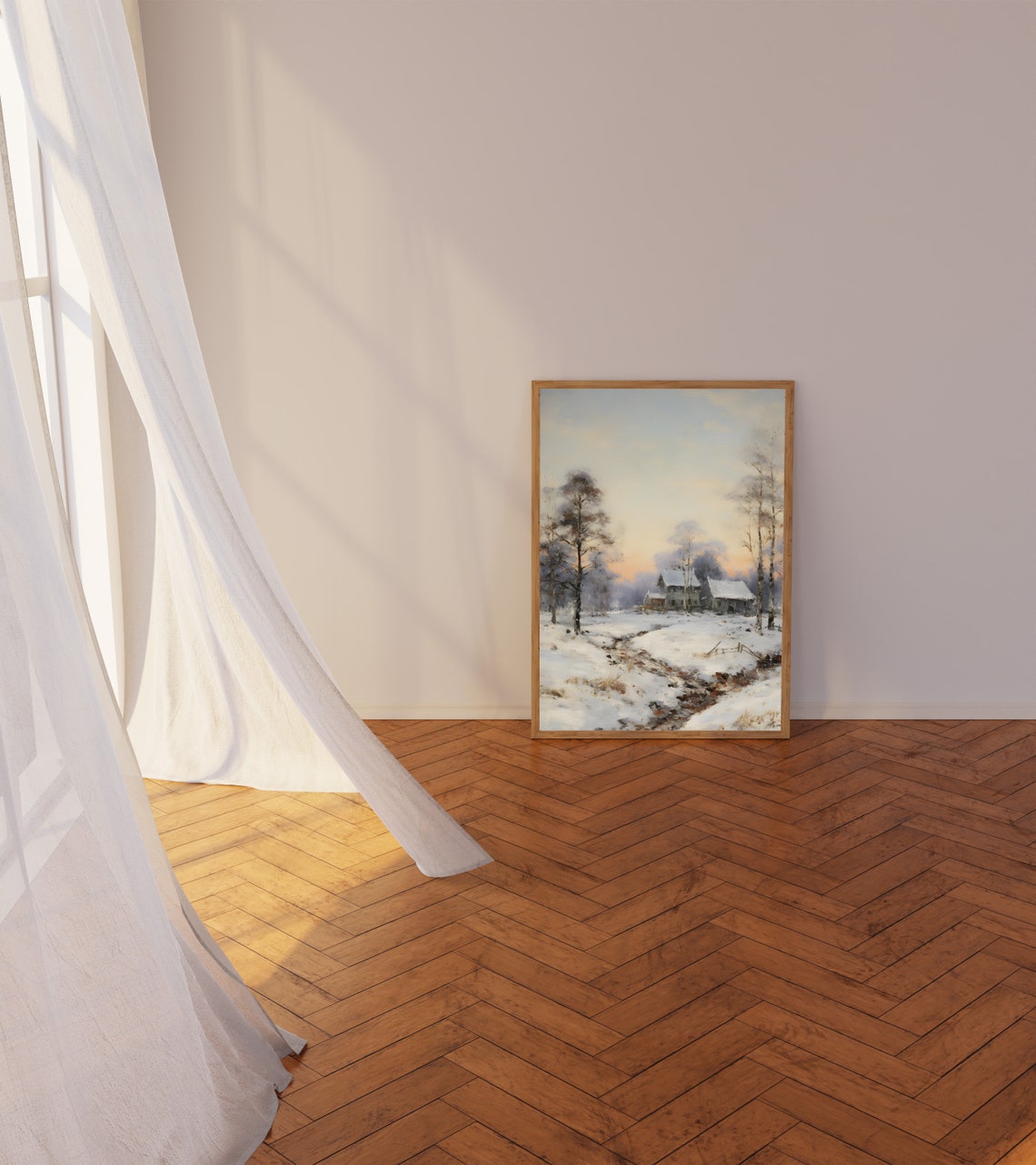 Snowy Farmhouse with Birch Trees Under Pink Winter Sunset Poster - Image 5