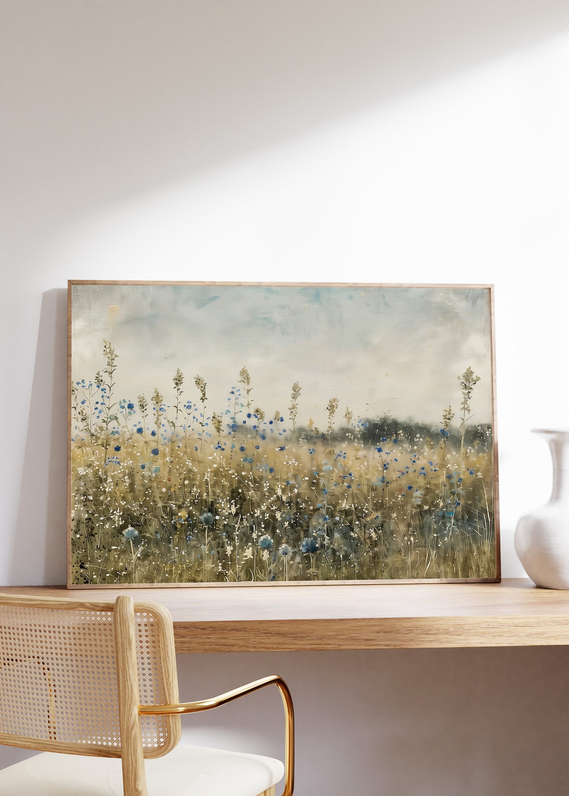 Blue Wildflower Field under Cloudy Sky Rustic Landscape Poster - Image 6