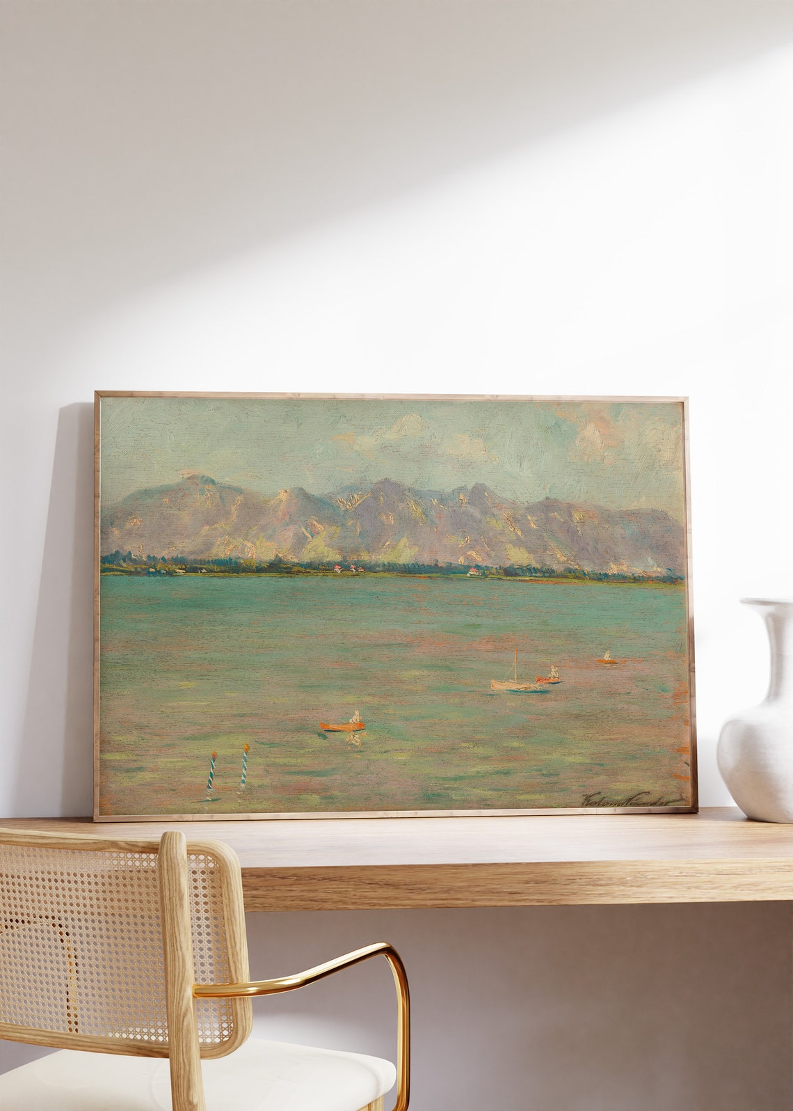 Turquoise Lake Small Boats Mountain Range Vintage Painting Poster - Image 6
