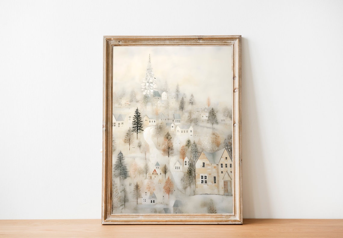Dreamy Snowy Village with White Church Tower Pastel Watercolor Poster - Image 2