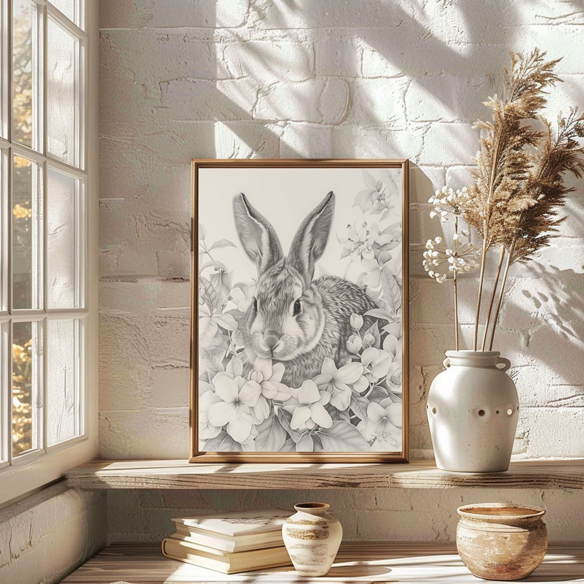 Grayscale Rabbit Among Sketched Blooms Baby Nursery Wall Art - Image 3