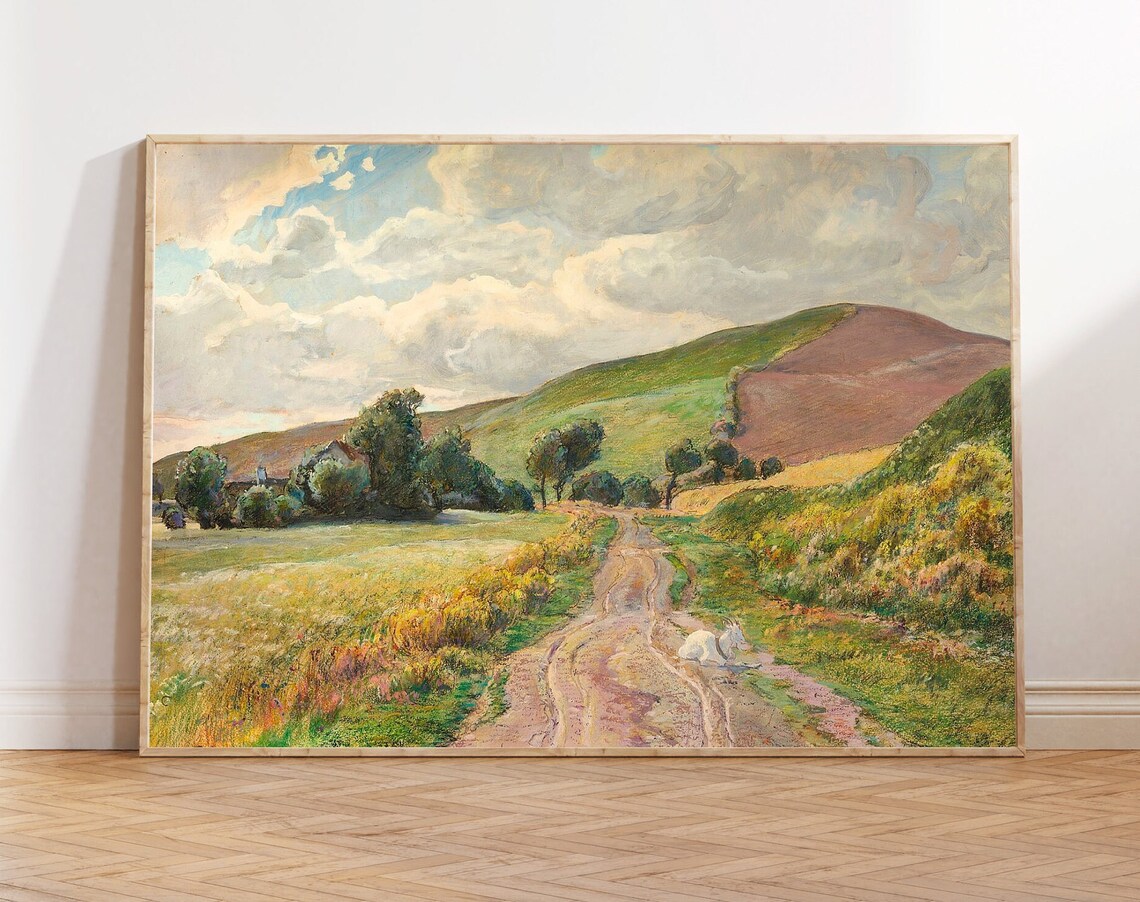Vintage European Meadow Landscape, Rustic Art Print
