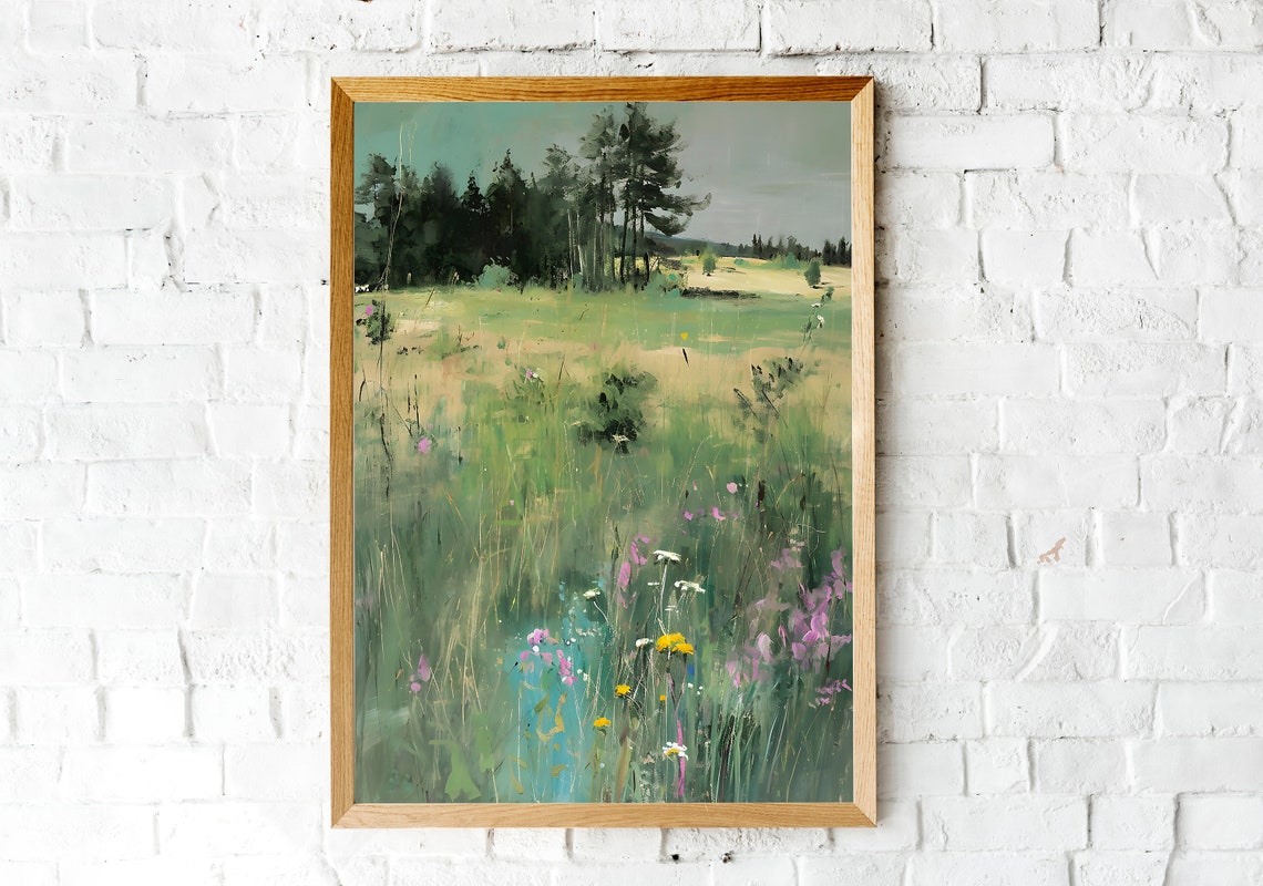 Spring Meadow Painting Wildflowers Pine Forest Hazy Pastel Art Poster - Image 2