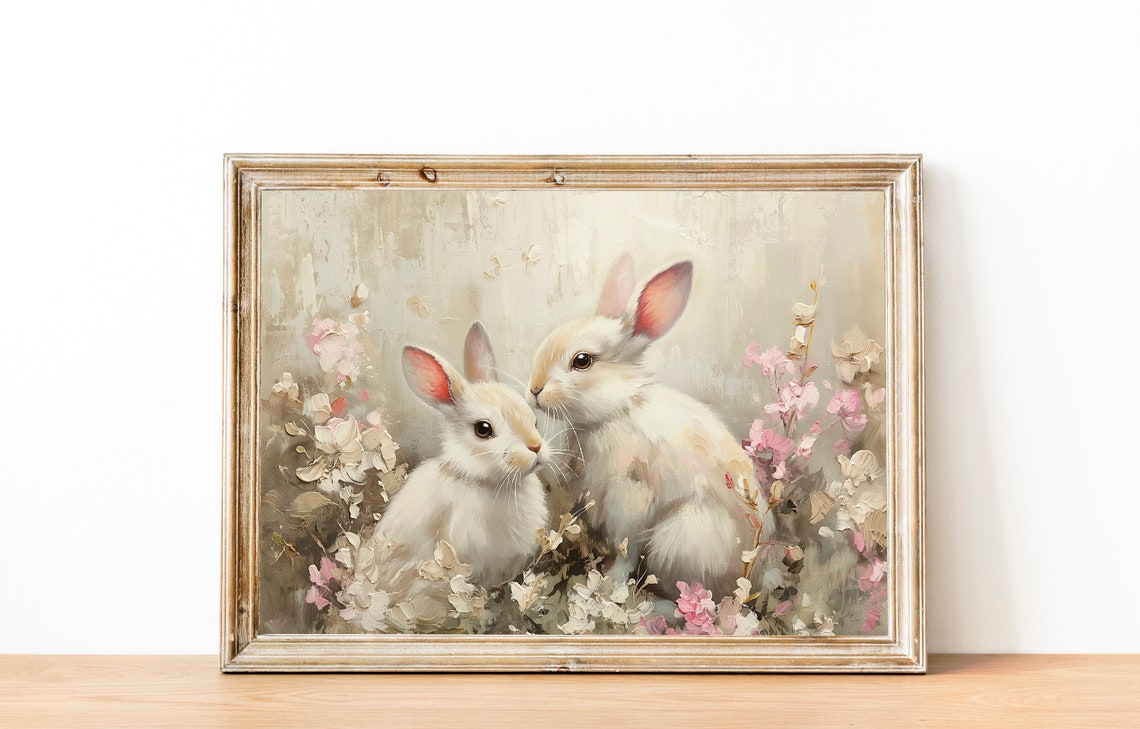 Two White Bunnies Among Pink Blossoms Spring Nursery Wall Art - Image 2