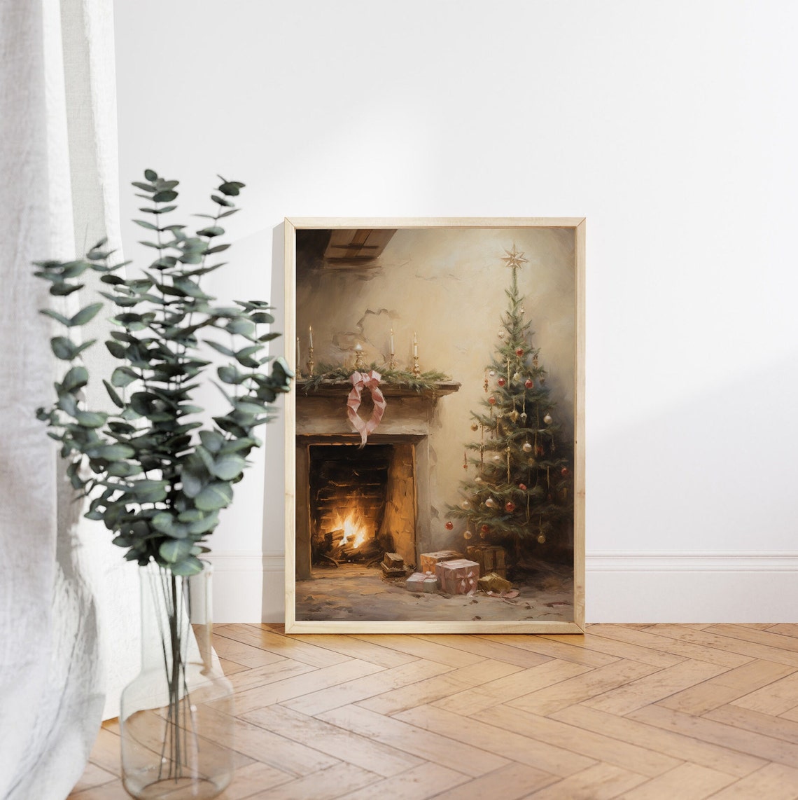 Rustic Fireplace with Lit Fire Candles and Pink Ribbon Bow Poster - Image 4