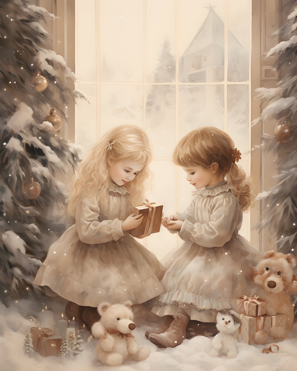 Christmas Little Girls Vintage Christmas Art Print - Image 6