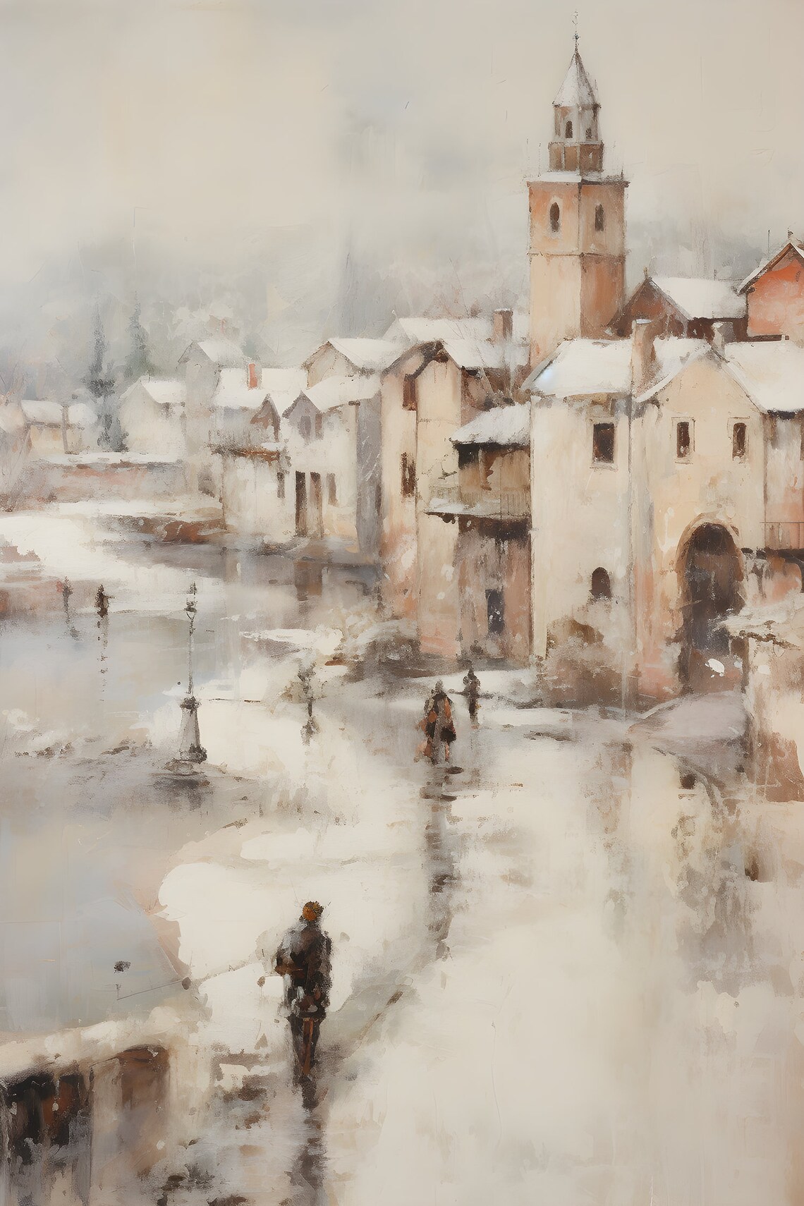 Snowy Historic Street with Church Spire and Wet Reflections Poster - Image 6