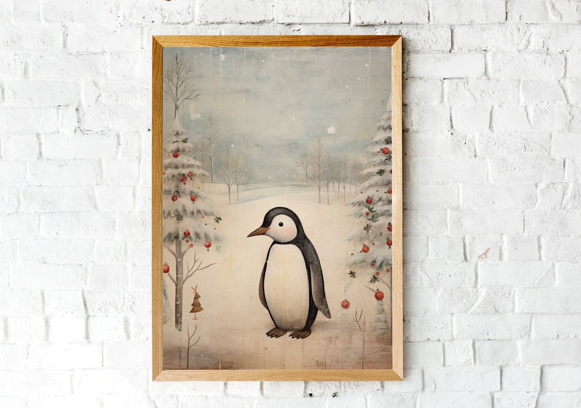 Cute Penguin among Snowy Berry Trees Vintage Winter Scene Poster - Image 2