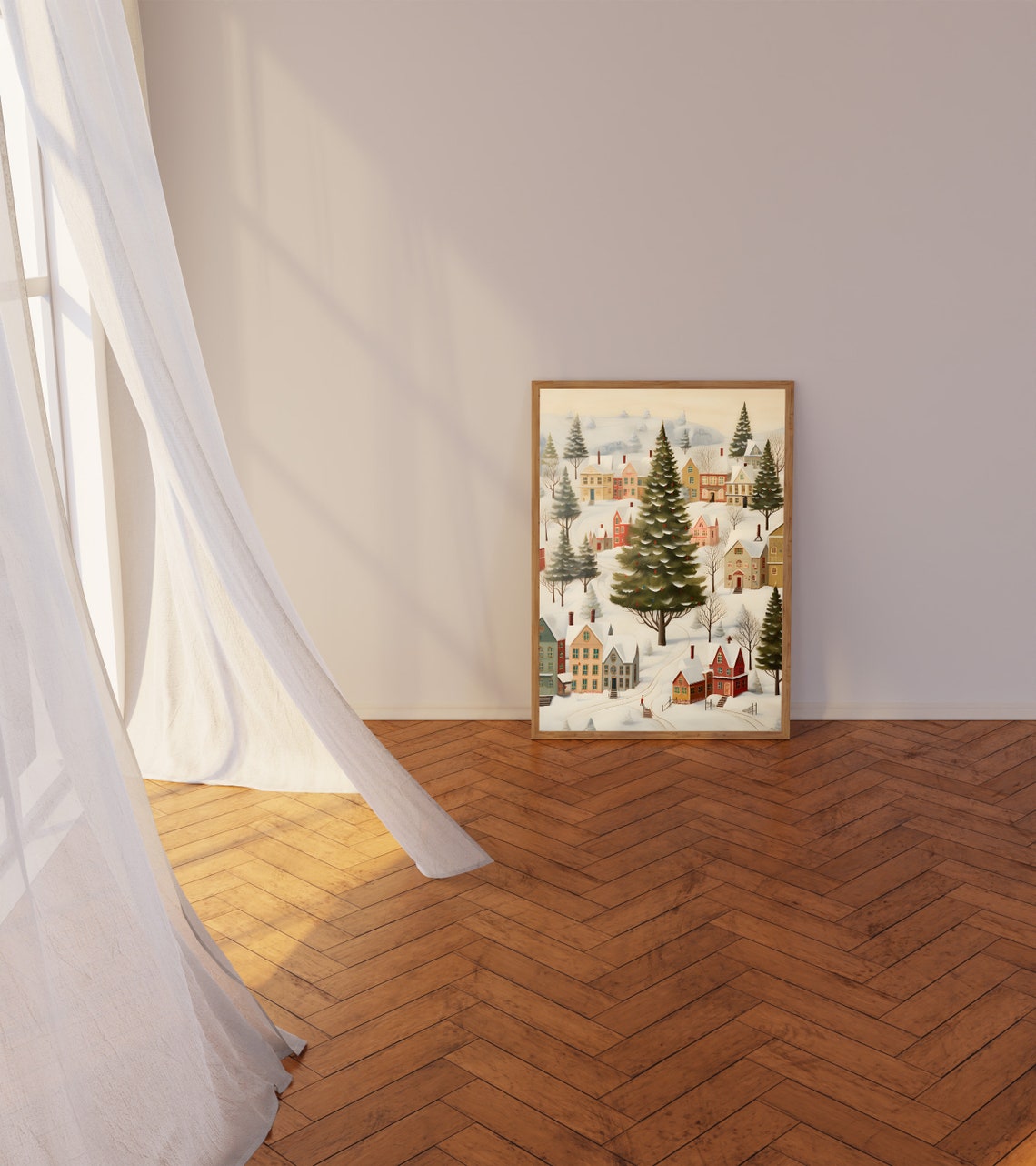 Folk Art Snowy Village with Giant Christmas Tree at Its Center Poster - Image 3