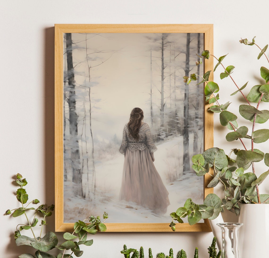 Woman Walking Through The Misty Snowy Winter Forest Art Poster