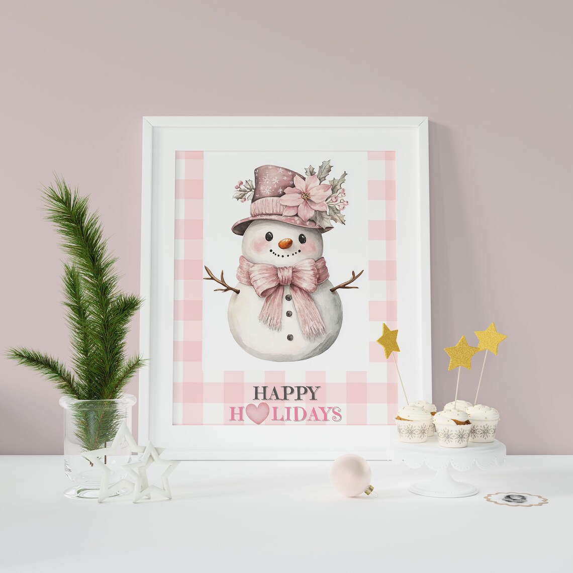Cute Snowman with Pink Poinsettia Hat and Happy Holidays Text Poster - Image 5