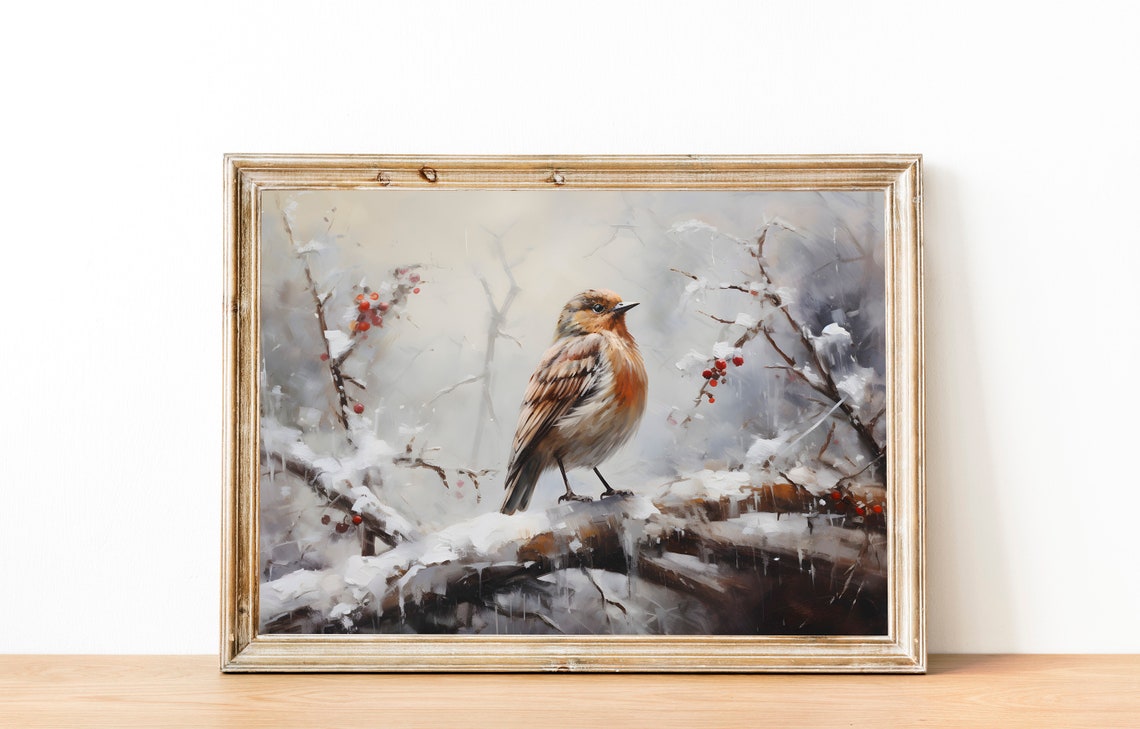 Winter Bird on a Snowy Branch with Red Berries Rustic Wall Art - Image 2