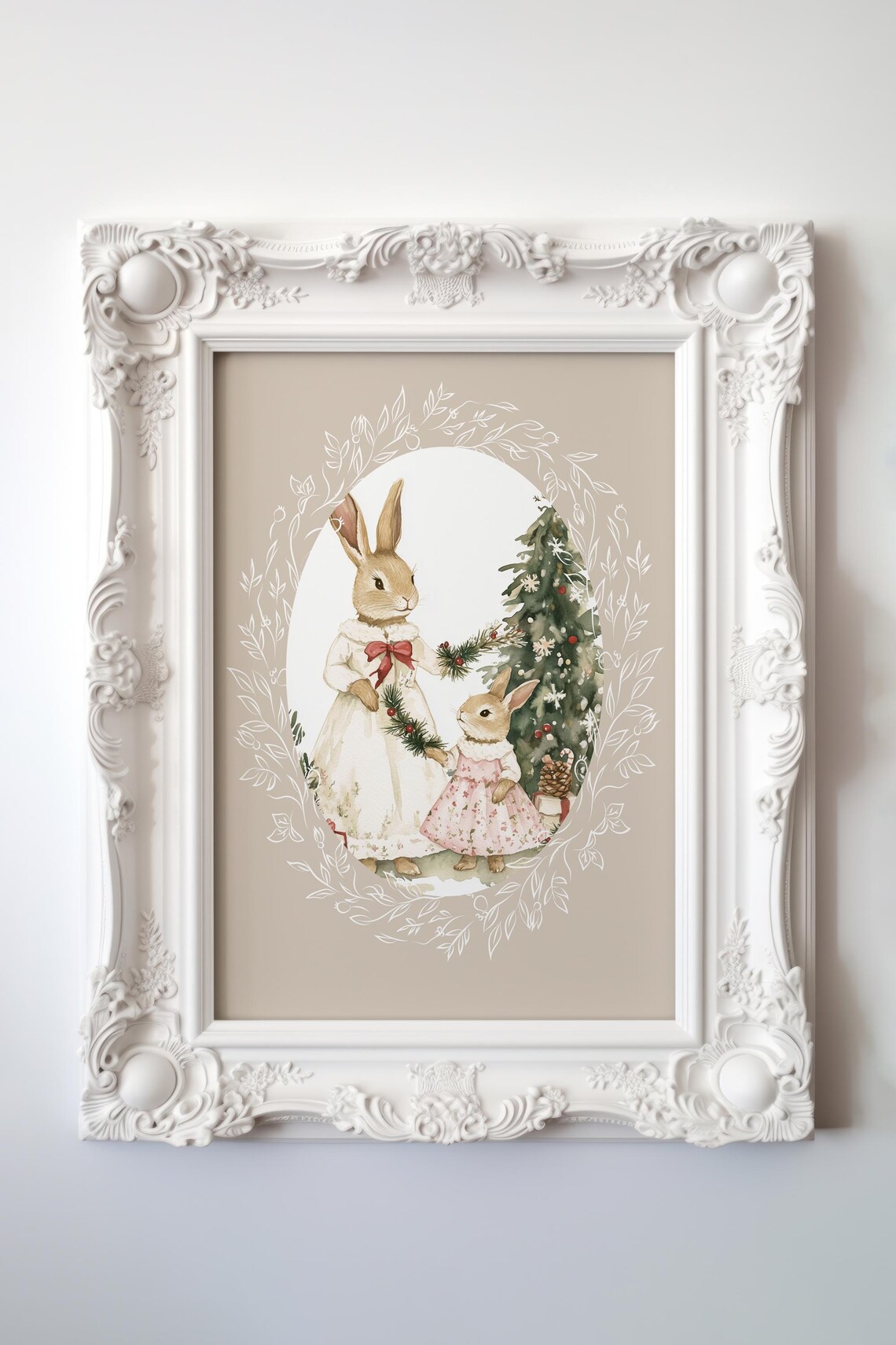 Christmas Bunny Mother And Baby, Vintage Nursery Art Print