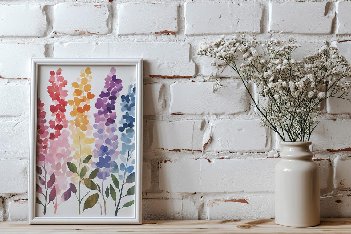 Rainbow Watercolor Wildflower Stems Modern Floral Art Poster - Image 4