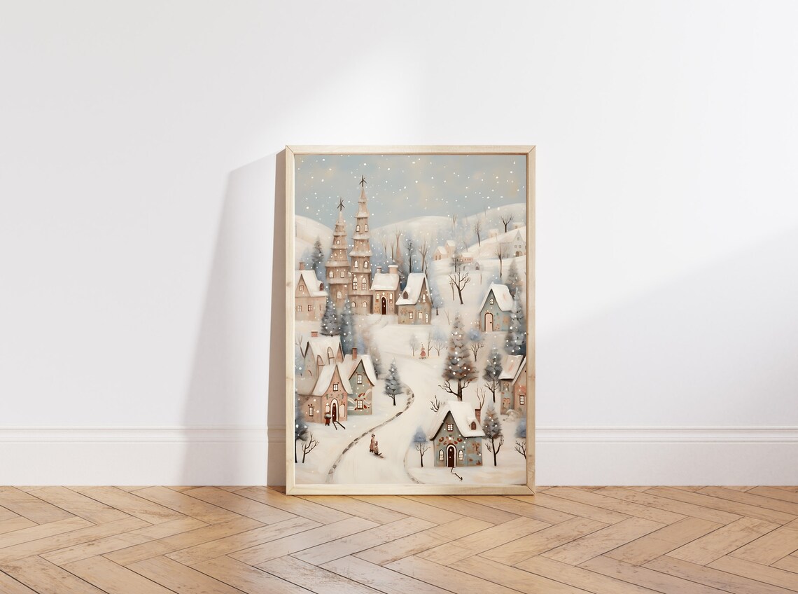 Vintage Christmas Village Landscape Art Print - Image 4