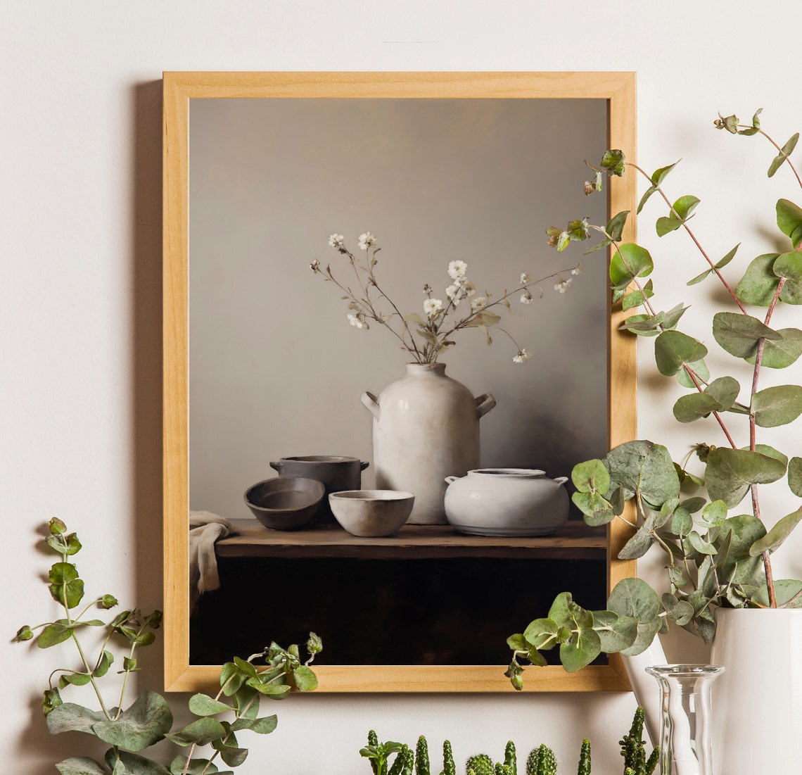 Minimalist Ceramic Vessels with White Blossoms Neutral Wall Art