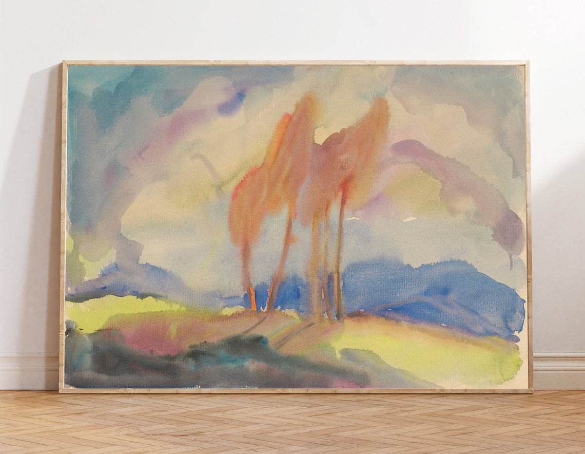 Golden Trees Watercolor Landscape Painting Minimalist Abstract Poster