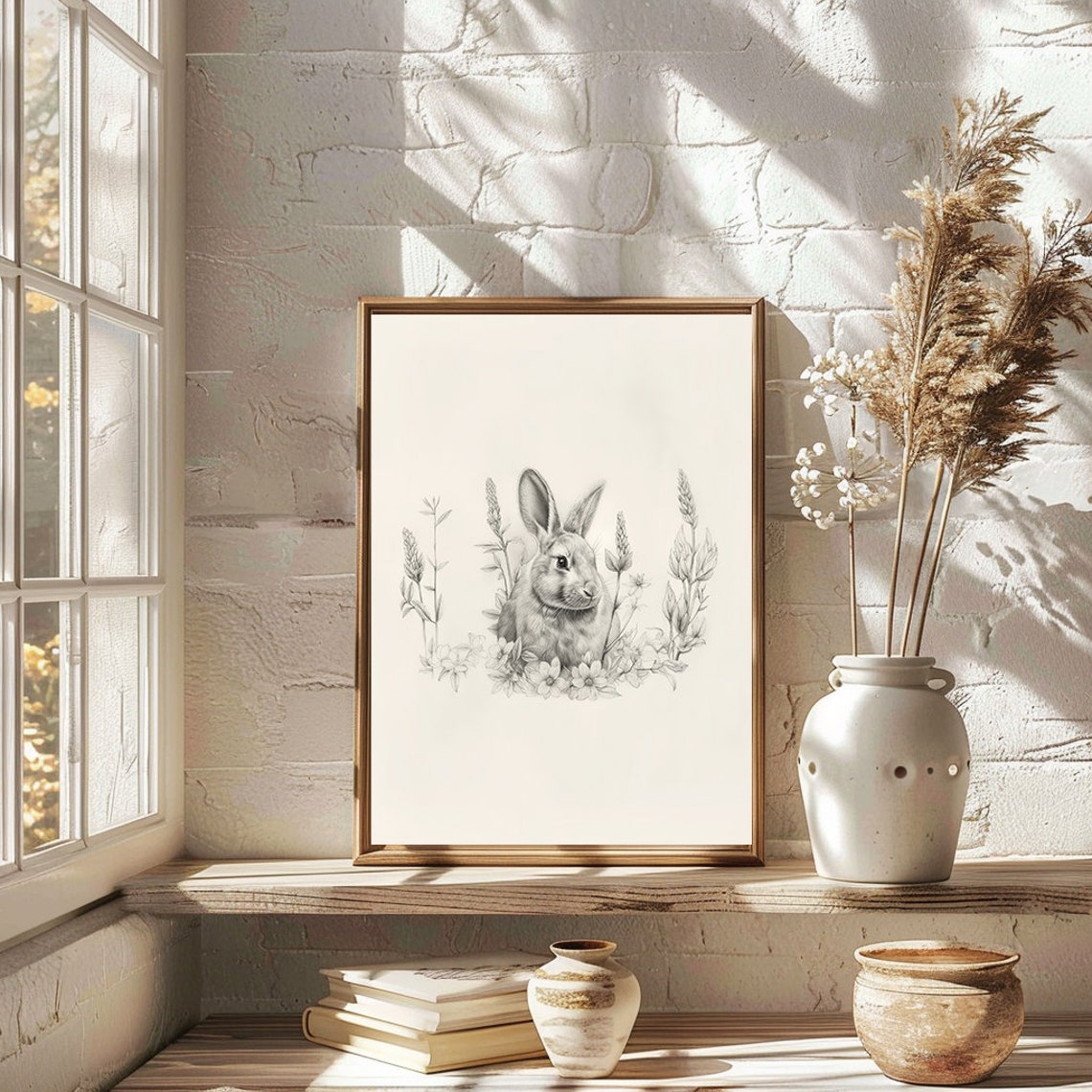 Small Bunny in Sketched Wildflowers Minimalist Nursery Wall Art - Image 5