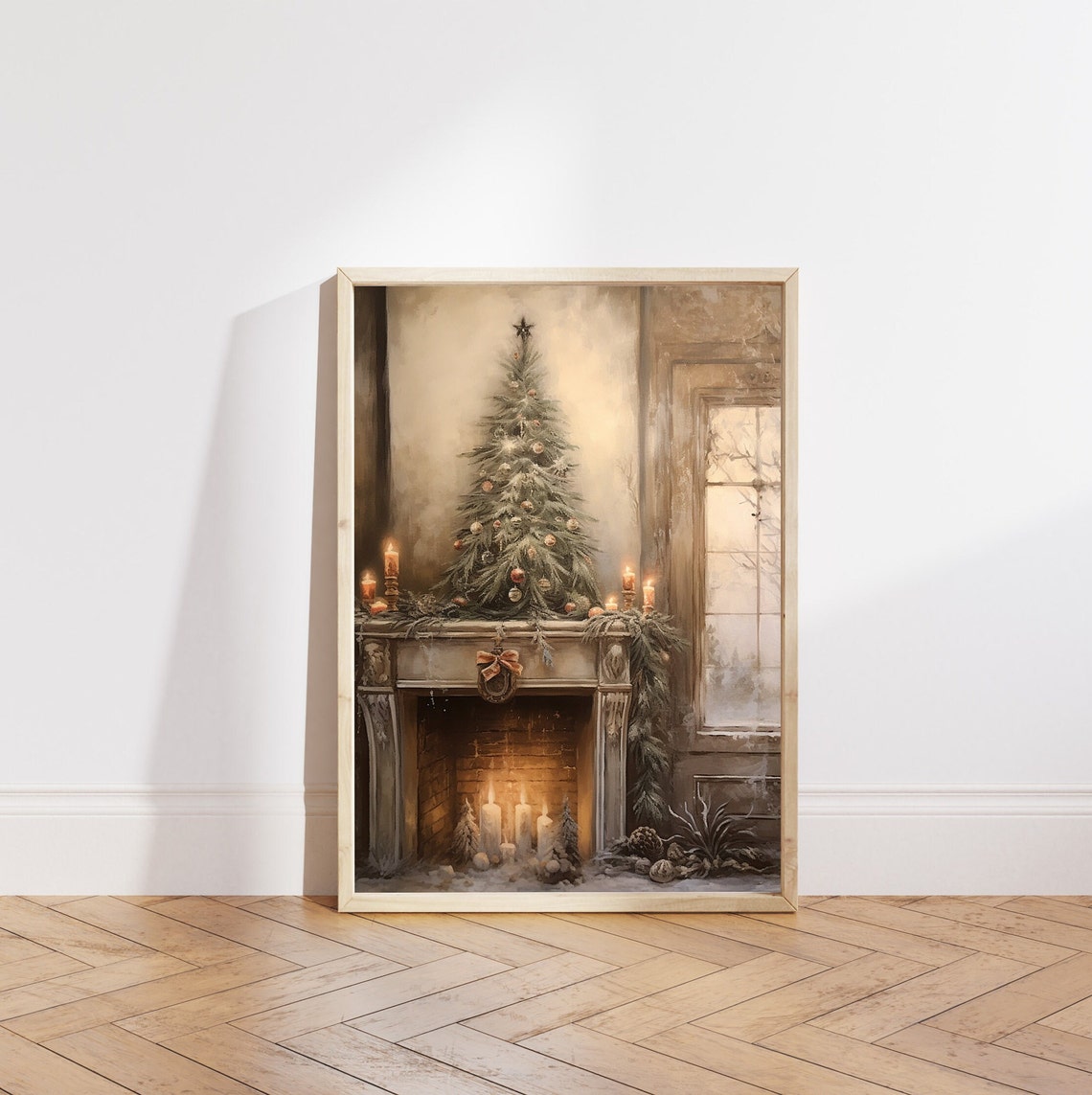 Christmas Tree on Fireplace Mantel with Candles and Garland Poster - Image 4