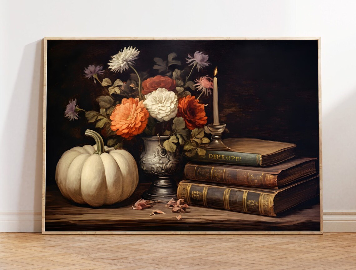 Autumn Still Life Painting Pumpkin Dahlias Candle Vintage Fall Poster