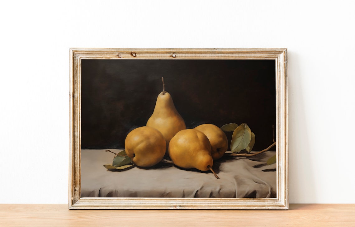 Golden Pears Moody Still Life Fruit Painting Kitchen Wall Art - Image 2