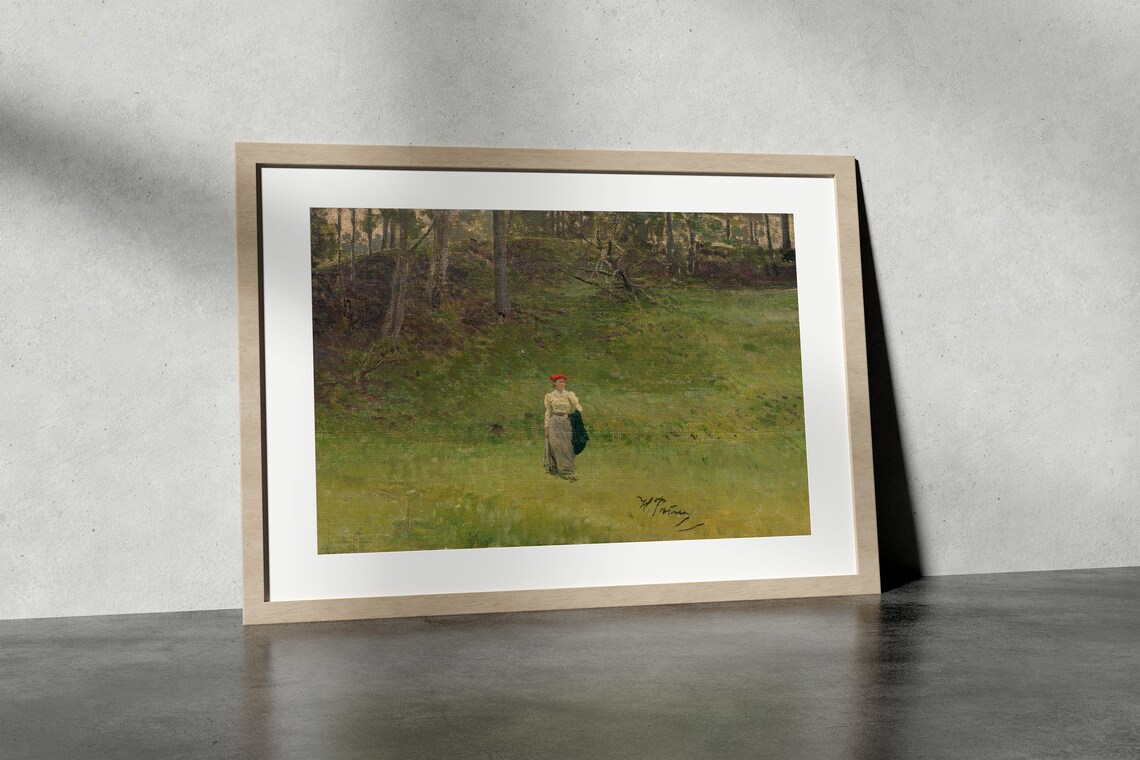 Lady in Meadow Painting Vintage Countryside Red Hat Woman Art Poster - Image 4