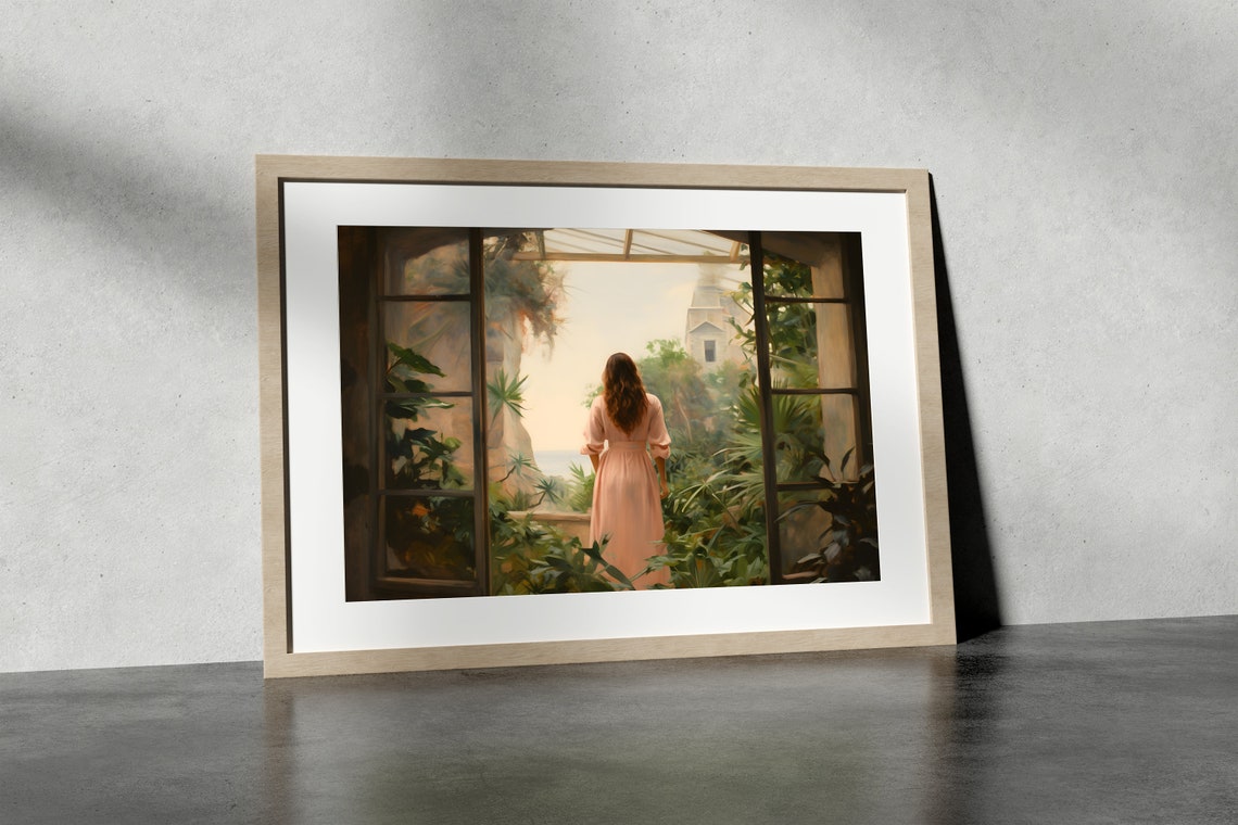 Woman at French Doors Overlooking a Garden Mediterranean Wall Art - Image 3