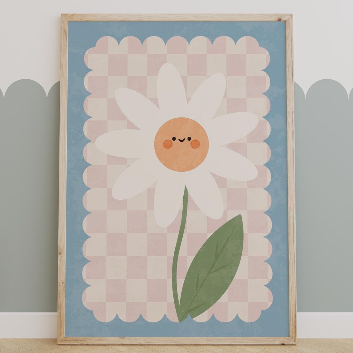 Smiling Daisy Flower Pink Checkered Boho Kids Floral Art Poster