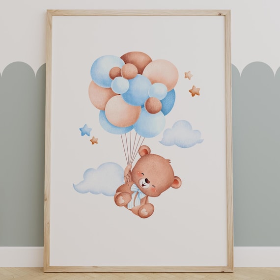 Watercolor Teddy Bear Floating With Pastel Balloons Nursery Poster