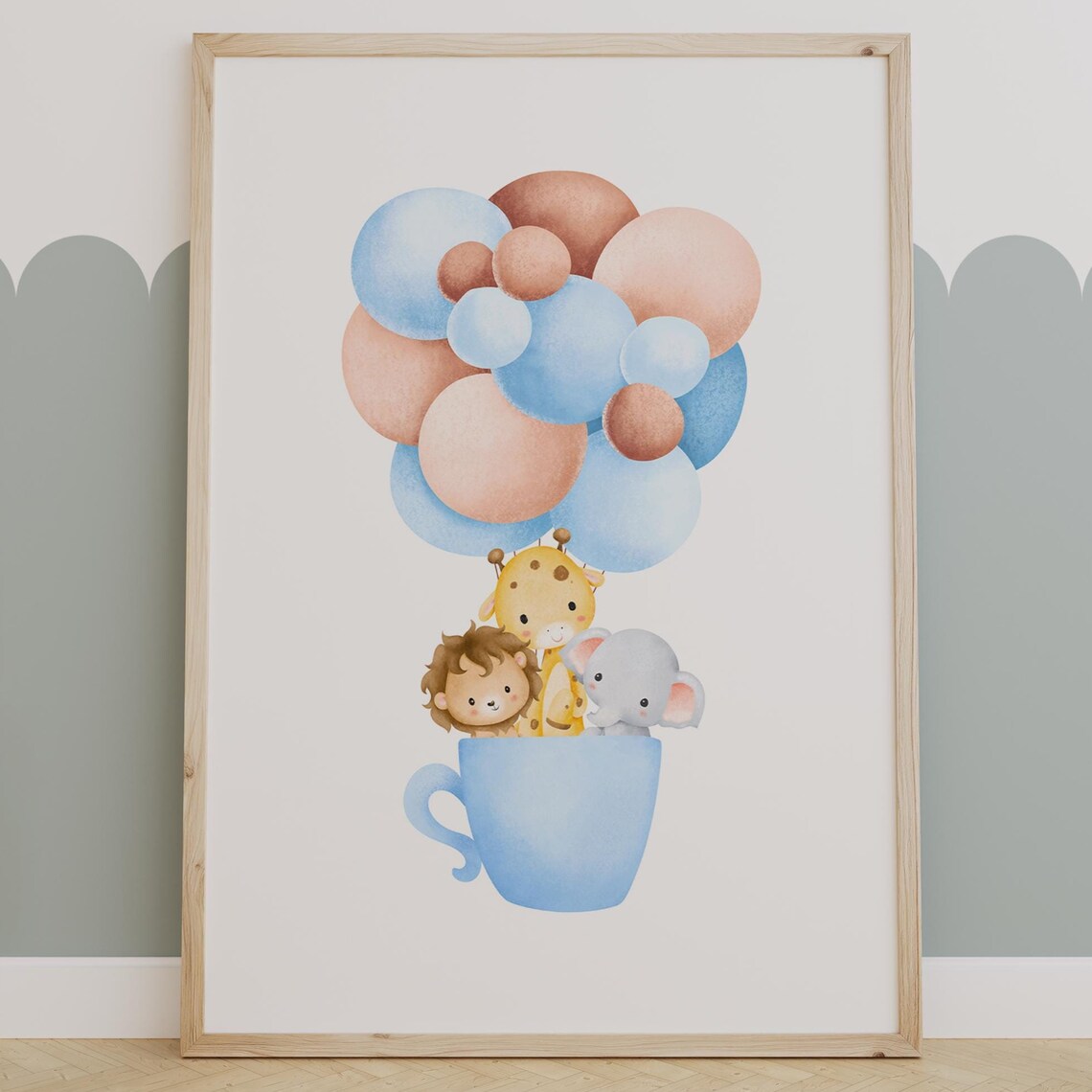 Safari Animals In A Teacup With Balloons Watercolor Nursery Poster