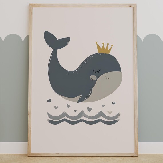 Smiling Crowned Whale Minimalist Ocean Themed Nursery Wall Poster