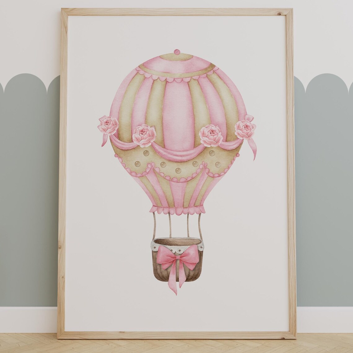 Pink Floral Hot Air Balloon Elegant Watercolor Nursery Wall Art