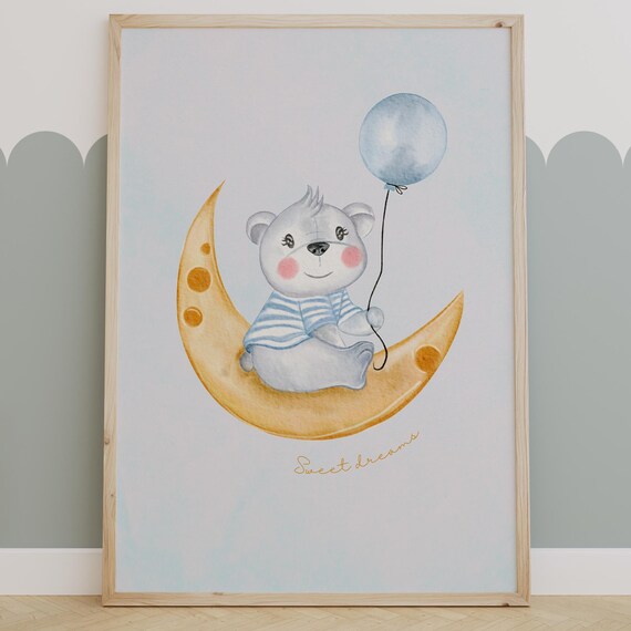 Sweet Dreams Bear On Golden Moon Balloon Watercolor Nursery Poster