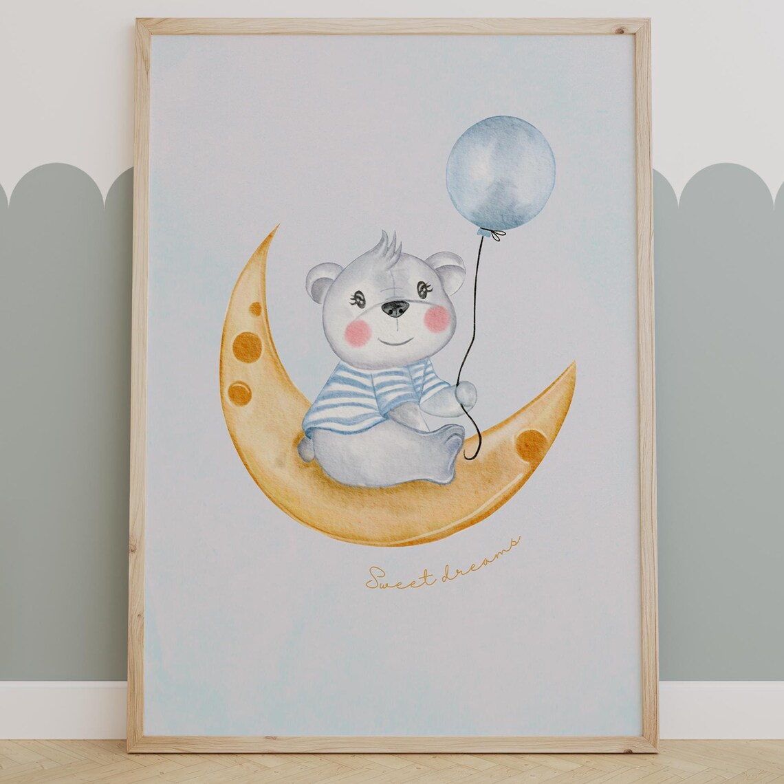 Sweet Dreams Bear On Golden Moon Balloon Watercolor Nursery Poster