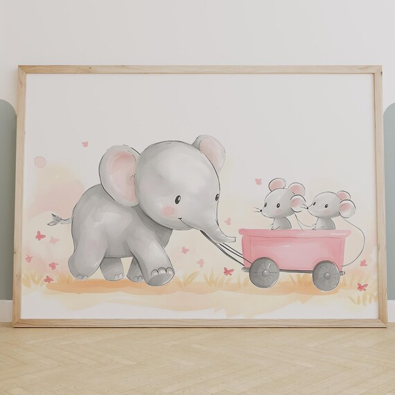 Baby Elephant Pulling Pink Wagon With Two Mice Nursery Poster