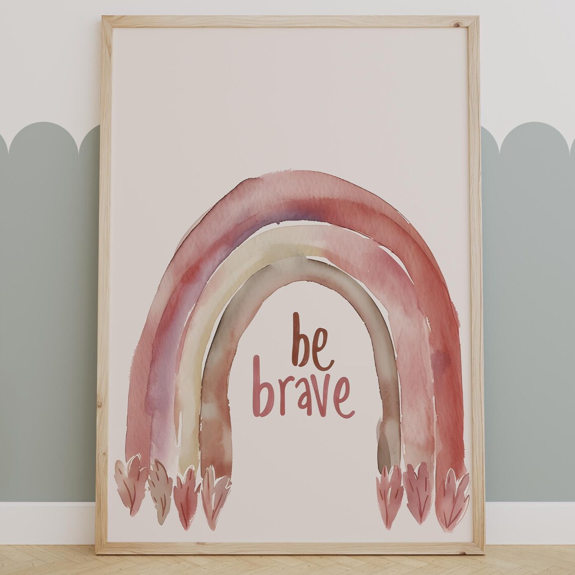 Be Brave Blush Watercolor Rainbow Inspirational Kids Room Poster